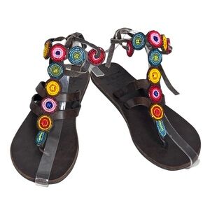 Global Girls Boho Leather Hand-Made Colorful Beaded Sz 37 Thong Sandals